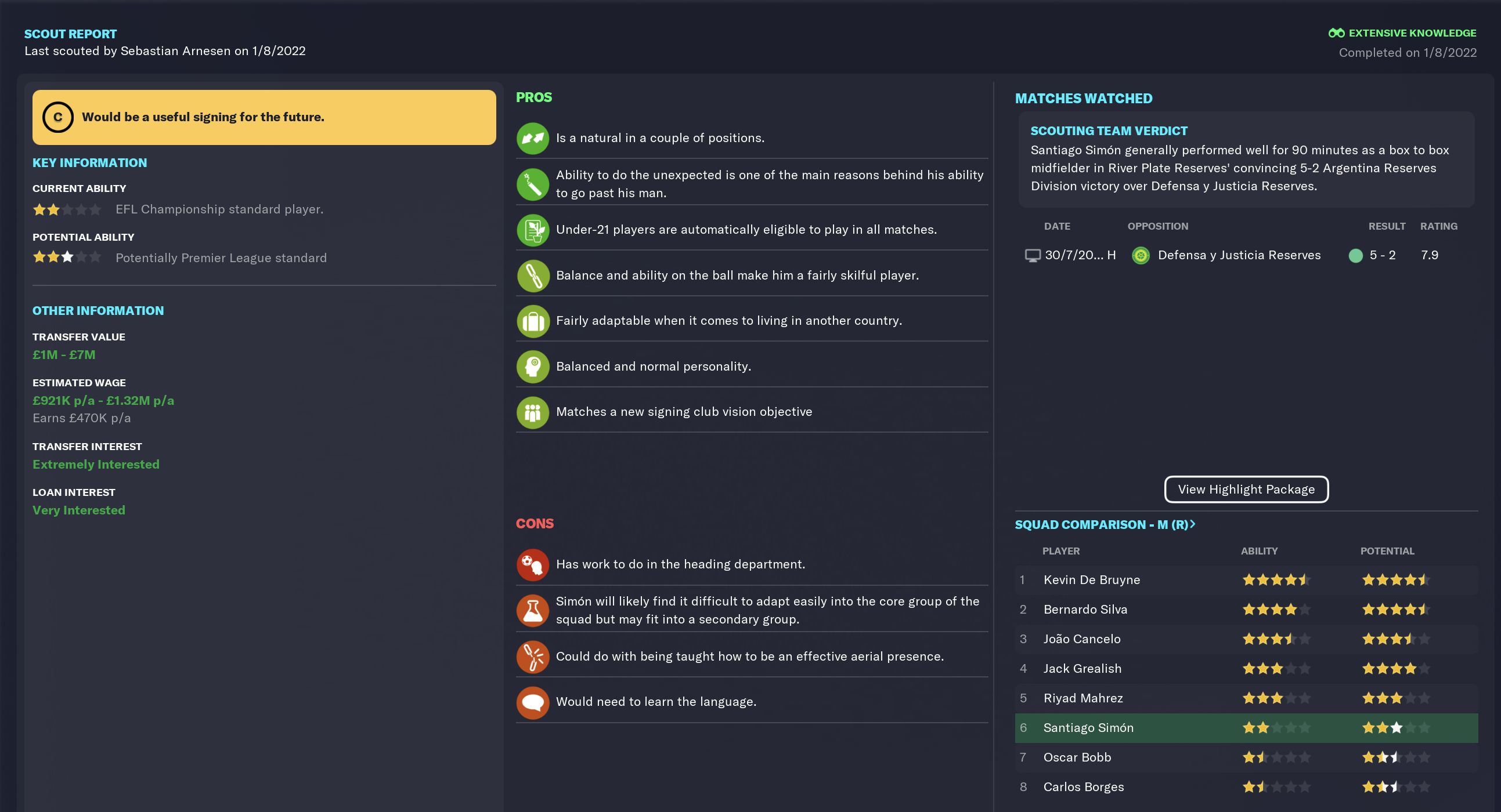 Santiago Simon FM 23 wonderkid scout report