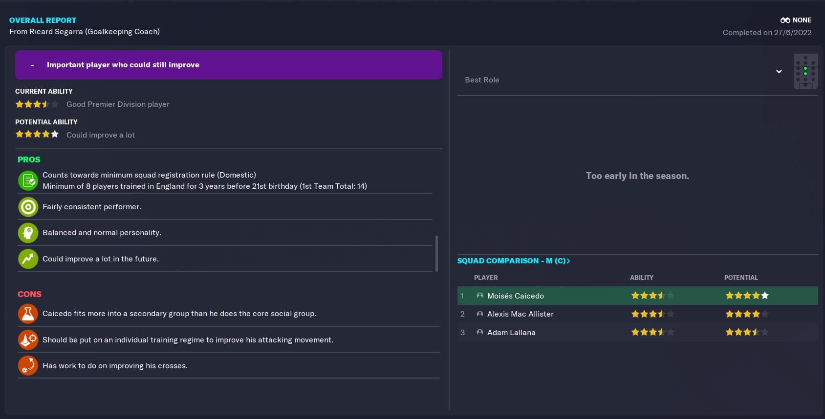 Moises Caicedo FM23 Wonderkid Brighton coach report in 2022