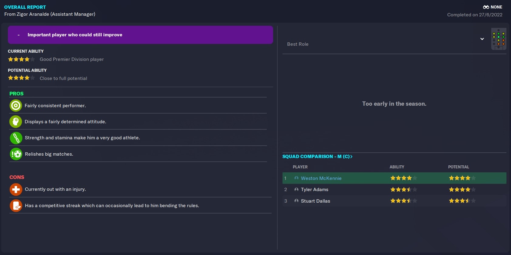 Weston McKennie FM23 Wonderkid Leeds coach report in 2022