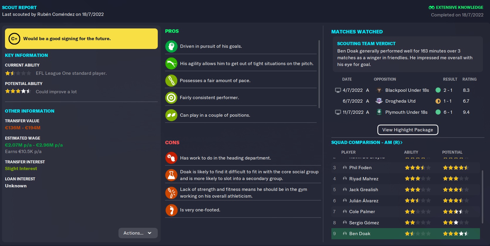 Ben Doak FM23 Wonderkid Man City scout report in 2022