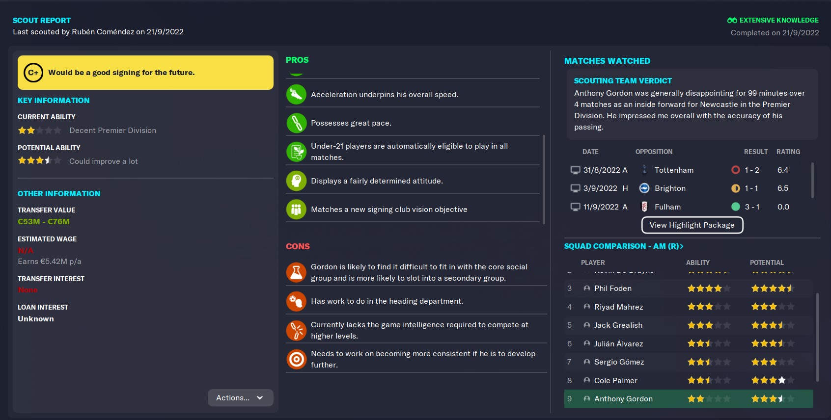 Anthony Gordon FM23 Wonderkid Man City scout report in 2022