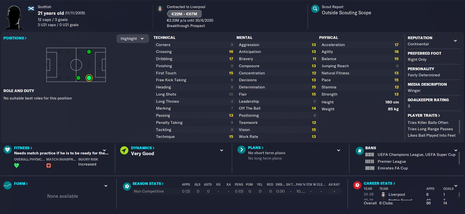 Wonderkid Ben Doak FM 2023 profile aged 21 in the year 2027