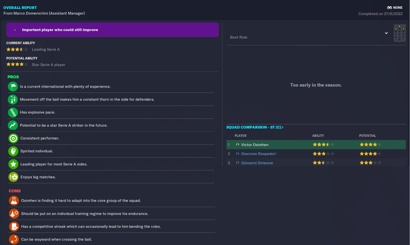 Victor Osimhen FM23 Wonderkid coach report in 2022