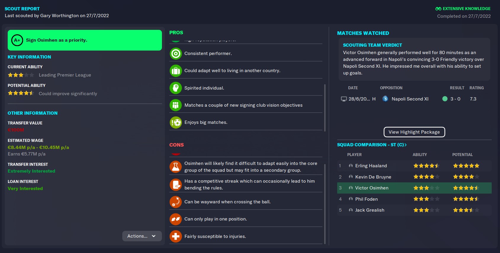 Victor Osimhen FM 23 Wonderkid Man City scout report in 2022