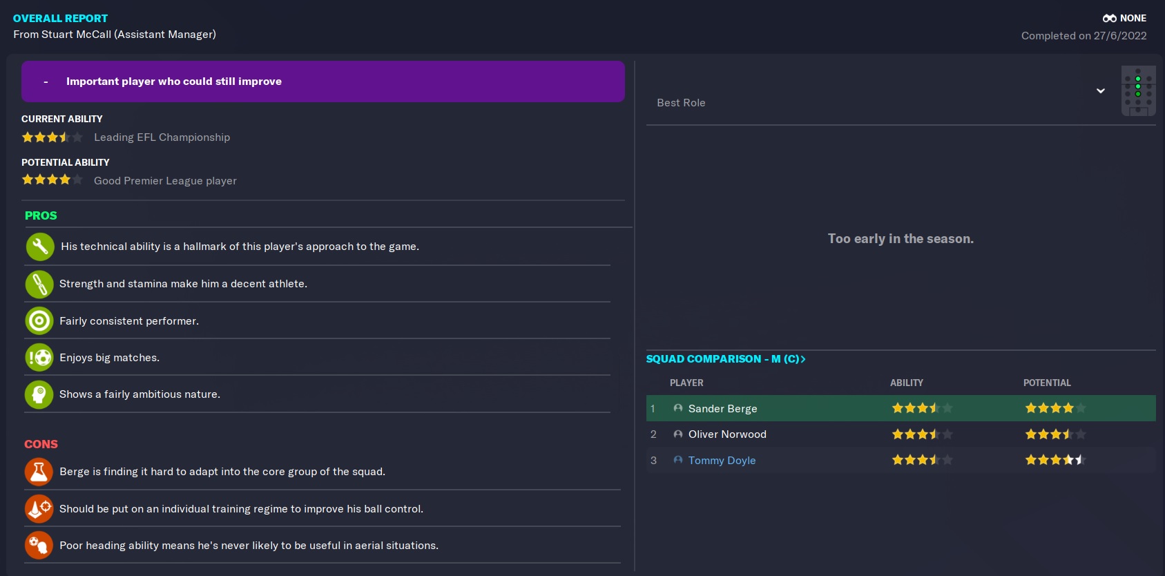 Sander Berge FM23 Wonderkid coach report in 2022