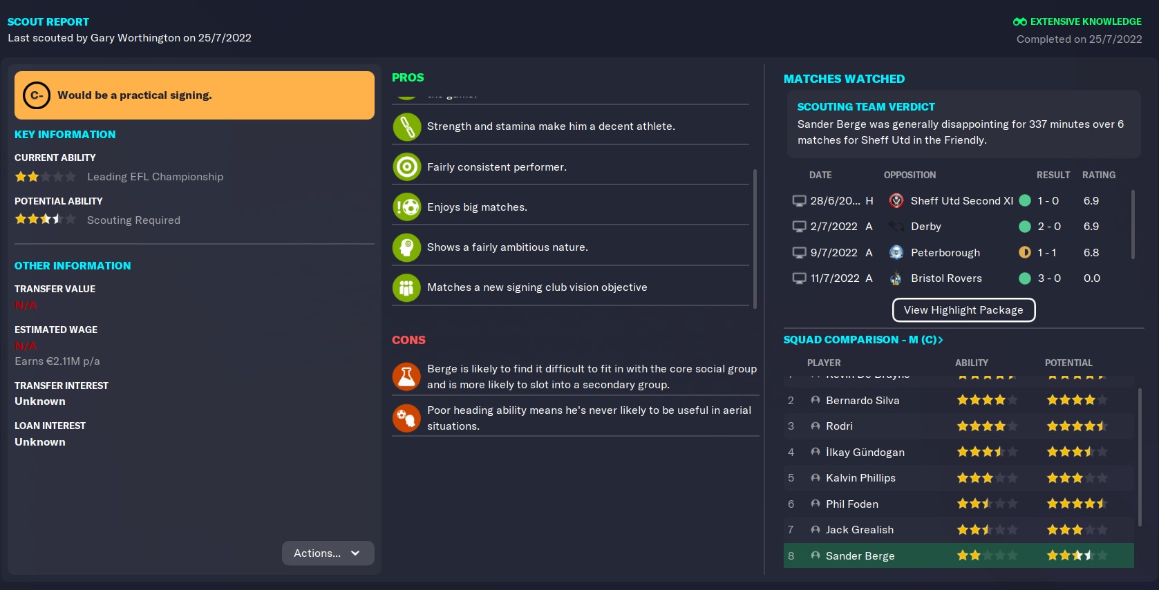 Sander Berge FM 23 Wonderkid Man City scout report in 2022