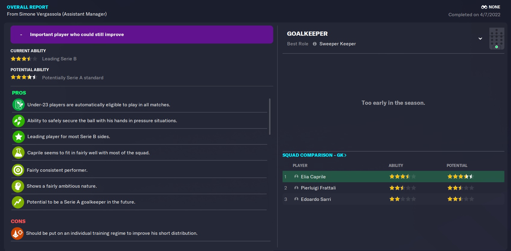 Elia Caprile FM23 Wonderkid coach report in 2022