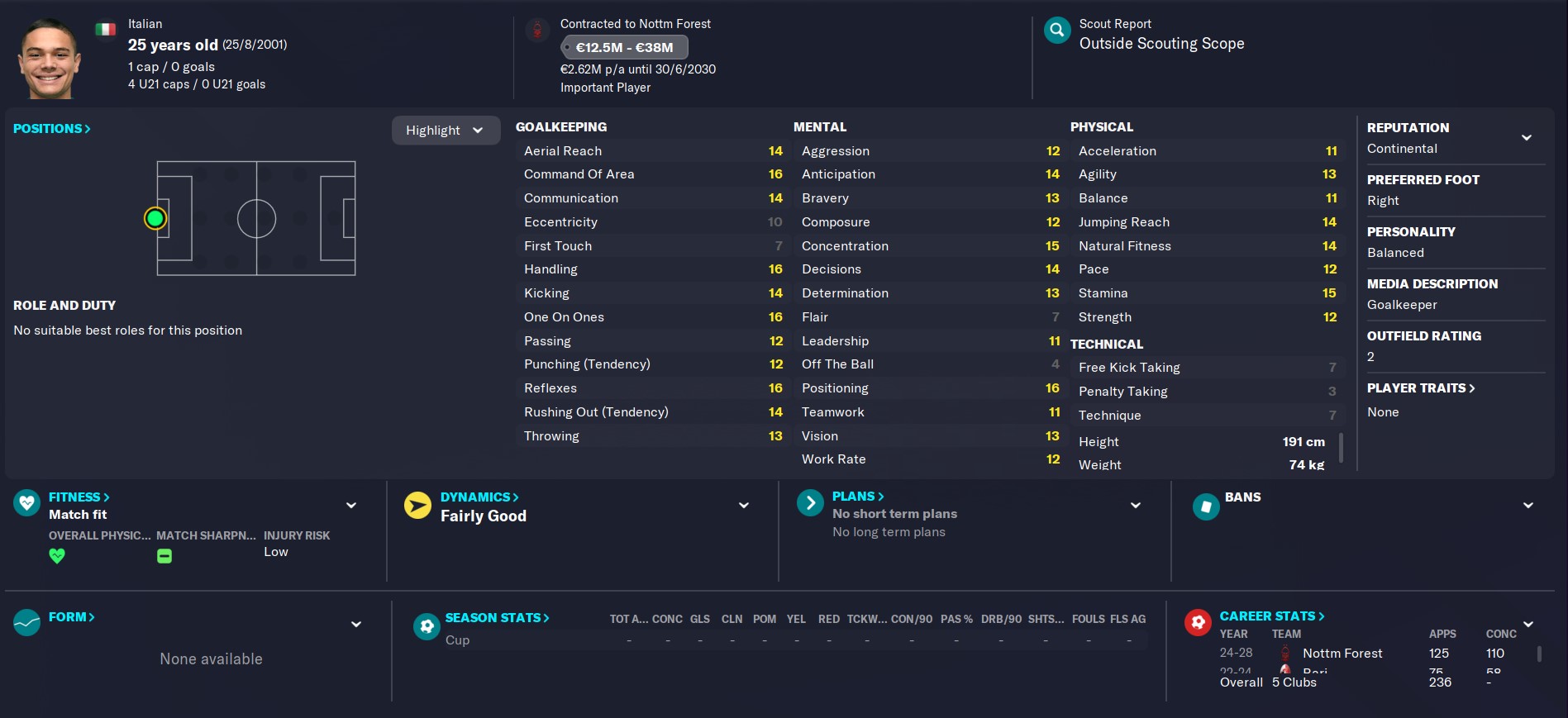 Wonderkid Elia Caprile FM 2023 profile aged 25 in the year 2027