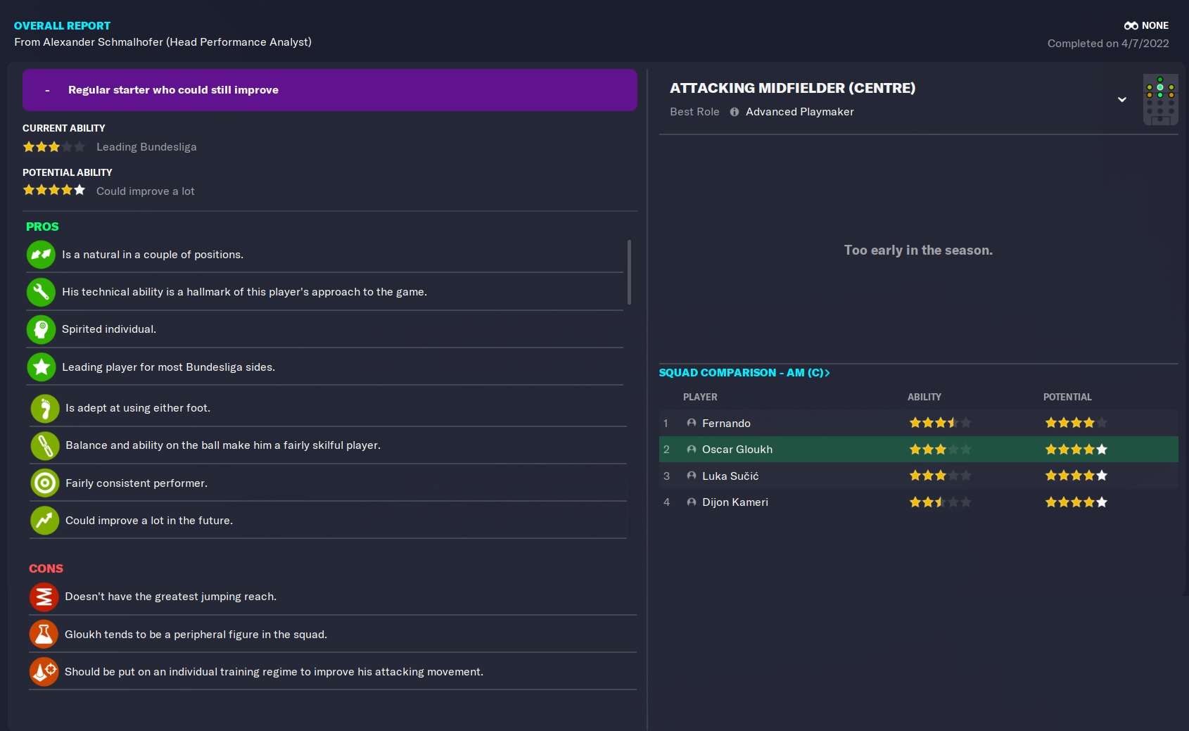 Oscar Gloukh FM23 Wonderkid coach report in 2022