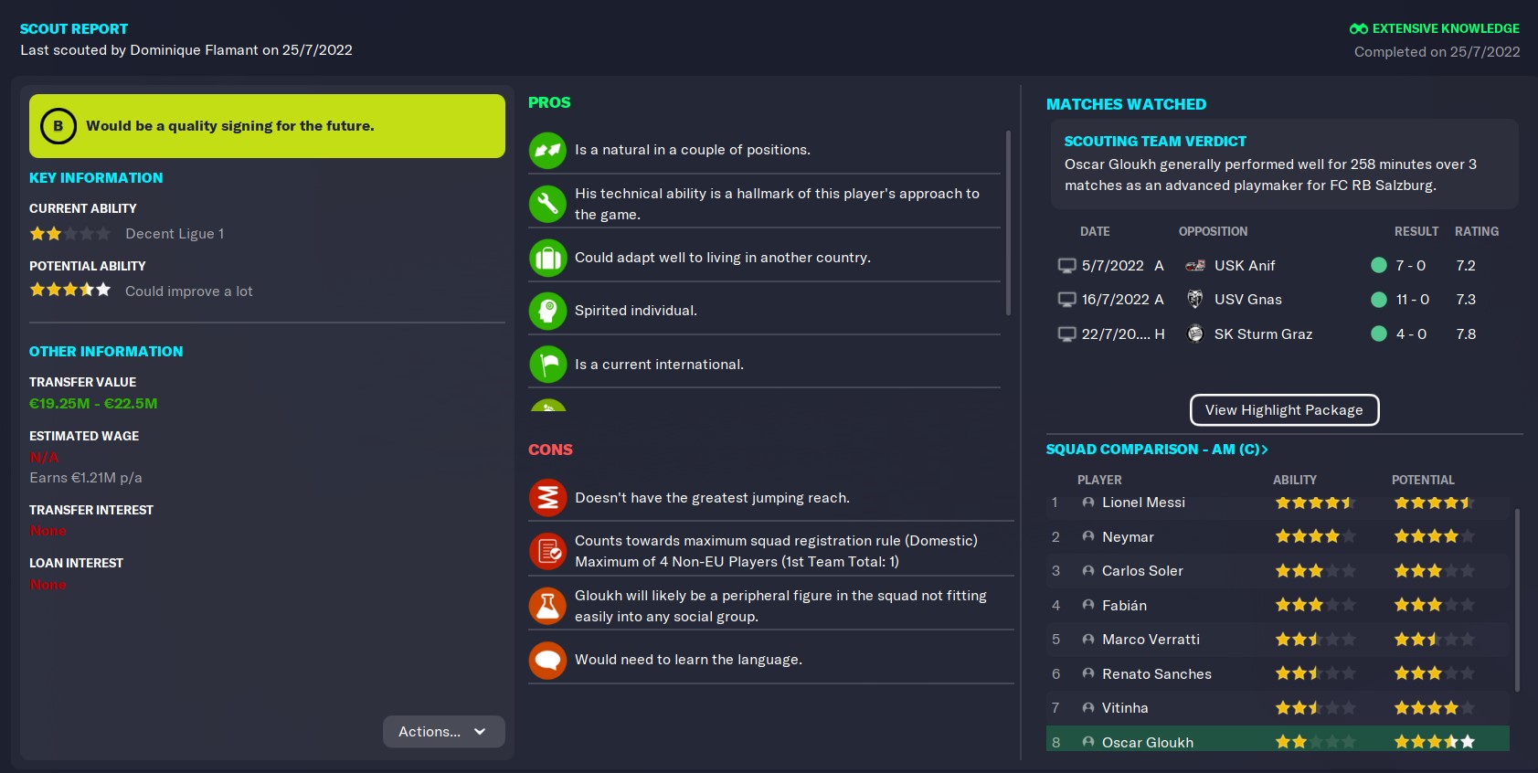 Oscar Gloukh FM 23 Wonderkid PSG scout report in 2022